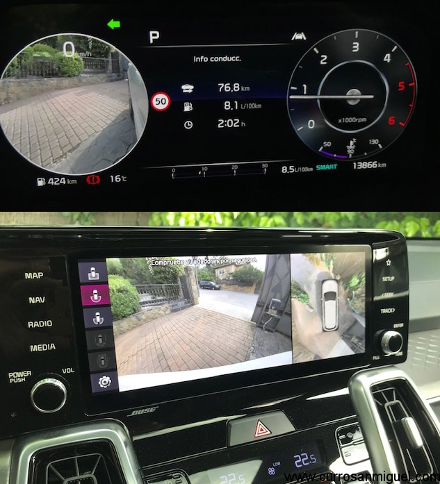 Las cámaras perimetrales son muy útiles dadas las dimensiones del coche. La del ángulo muerto con imagen en el cuadro, una genialidad. 
