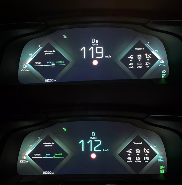 En modo Hybrid los dígitos de la velocidad varían su color: azul cuando ruedas en eléctrico, blanco cuando tiras de gasolina. 