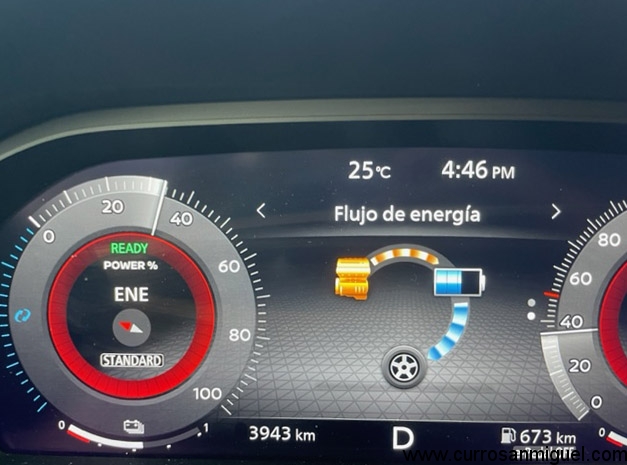 El sencillo esquema del cuadro digital nos explica la propulsión: como has pisado como un loco, el motor de combustión se ha puesto a alimentar las baterías para que alimenten los motores de las ruedas.  