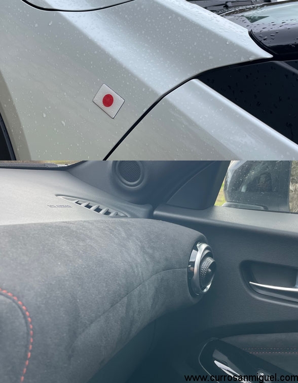 Bandera de Japón, alcántara, cuero y pespuntes en rojo. Muy chulo y muy racing todo. 