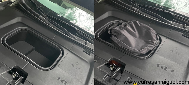 El maletero delantero, de 25 litros, sirve para meter los engorrosos cables de carga. Y poco más. 